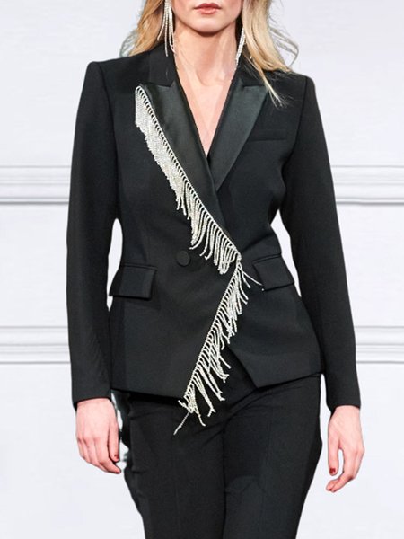 

Urban Lapel Collar Regular Fit Plain Plain Tassel Blazer, Black, Blazers