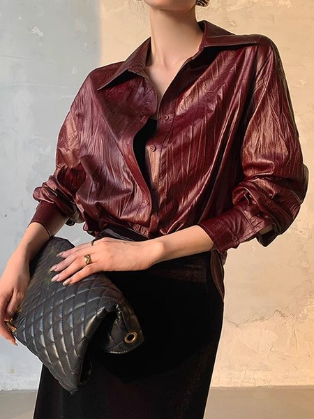 Urban Plain Pu Shirt Collar Faux Leather Top, Wine red, Tops