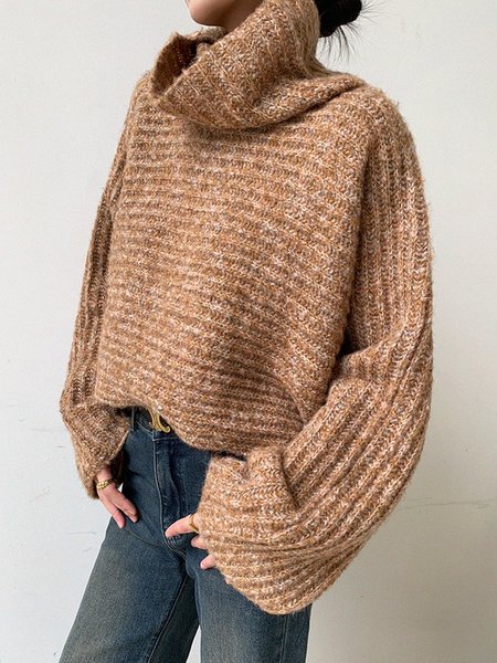 

Casual Plain Turtleneck Loose Raglan Sleeves Sweater, Khaki, Pullovers