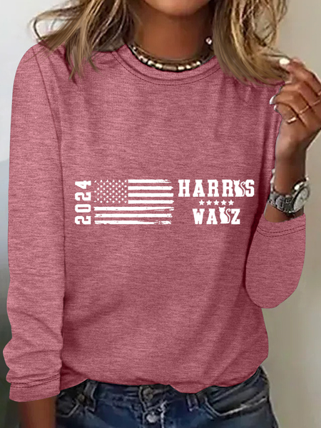 

American Flag Print Casual Long Sleeve Shirt, Watermelon, Long sleeves