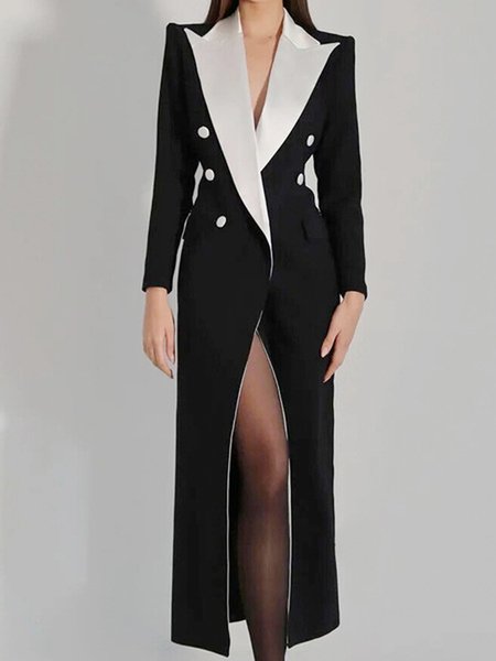 

Color Block Lapel Collar Split Joint Urban Regular Sleeve Dress, Black-white, Blazers