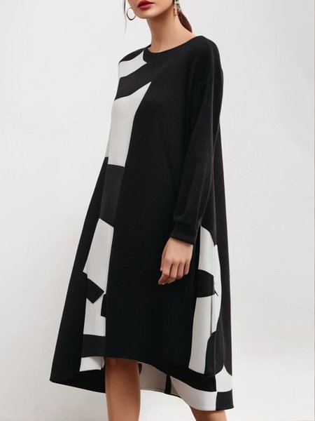 

Crew Neck Geometric Casual Long Sleeve Dress, Black, Midi Dresses