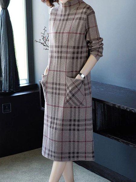 

Casual Long Sleeve Loose Sweater Dress, Gray, Midi Dresses