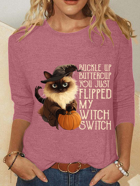 

Women's Halloween Buckle Up Buttercup You Just Flipped My Witch Switch Print Witch Pumpkin Cat Casual Long Sleeve Shirt, Watermelon, Long sleeves