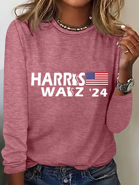 

American Flag Print Casual Long Sleeve Shirt, Watermelon, Long sleeves