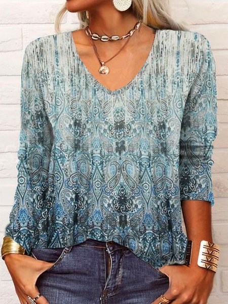 

Casual Ethnic V Neck Long Sleeve T-shirt, Blue, T-shirts