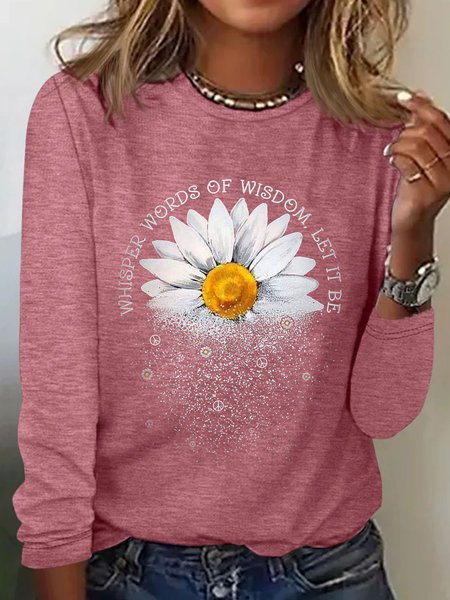 

Daisy print casual women's round neck T-shirt, Watermelon, Long sleeves
