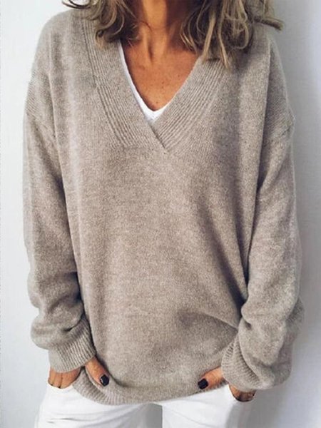 V Neck Yarn/Wool Yarn Loose Casual Sweater, Khaki, Sweaters & Cardigans