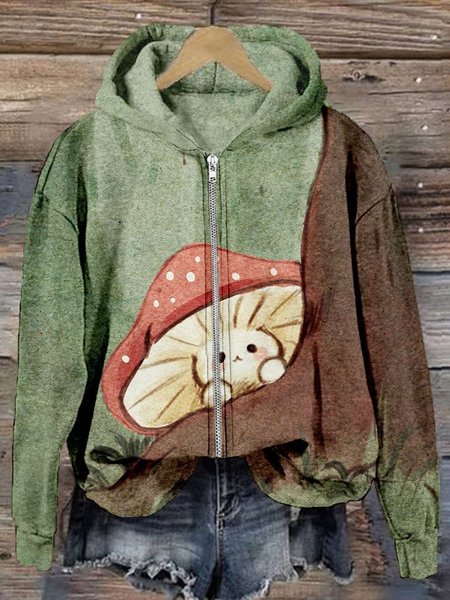 

Women's Ethnic Zipper Regular Loose Jacket, Green, Outerwear