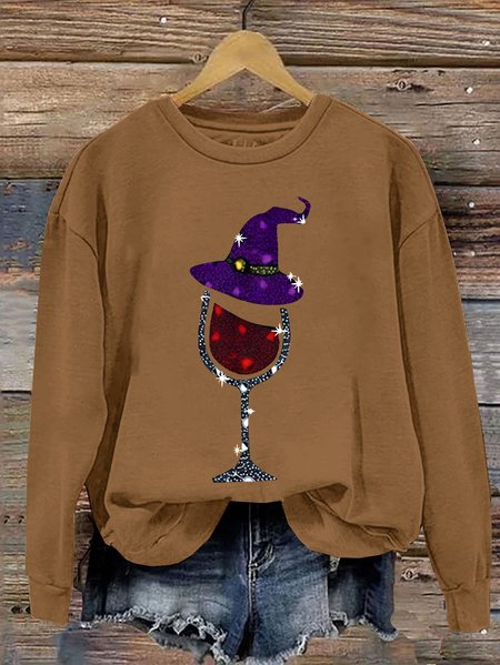 

Witch and Wine Glass Print Casual Sweatshirt, Yellow brown, Hoodies&Sweatshirts
