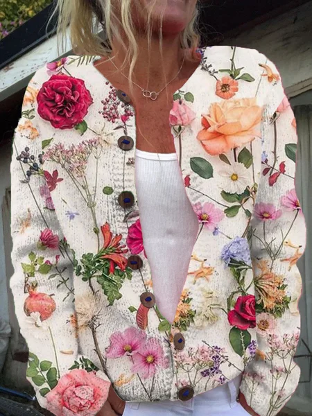 

Floral Casual Buckle Cardigan, White, Cardigans