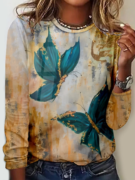

Casual Butterfly Crew Neck Long Sleeve T-shirt, Khaki, T-shirts