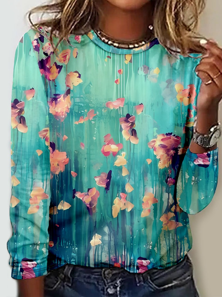 Casual Floral Crew Neck Long Sleeve T-shirt, Green, T-shirts