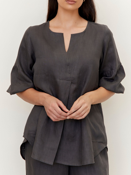 

Linen Crew Neck Linen Blouse, Deep brown, Short/3/4 Length Sleeve