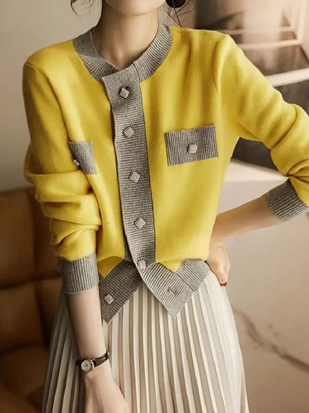 

Crew Neck Regular Sleeve Casual Loose Sweater Cardigan, Yellow, Cardigans