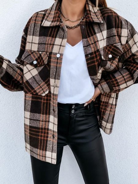 

Women's Plaid Buckle Regular Loose Jacket, Brown, Outerwear