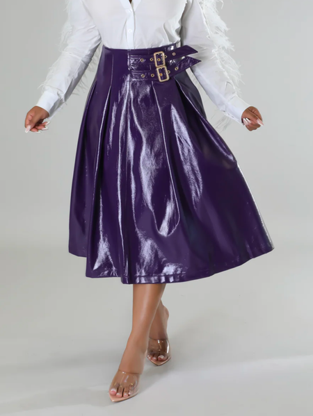 

Loose Plain Pu Urban Faux Leather Skirt, Purple, Skirts