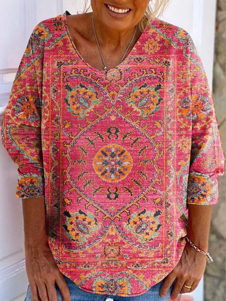 Casual Floral Crew Neck Long Sleeve T-shirt, Red, T-shirts