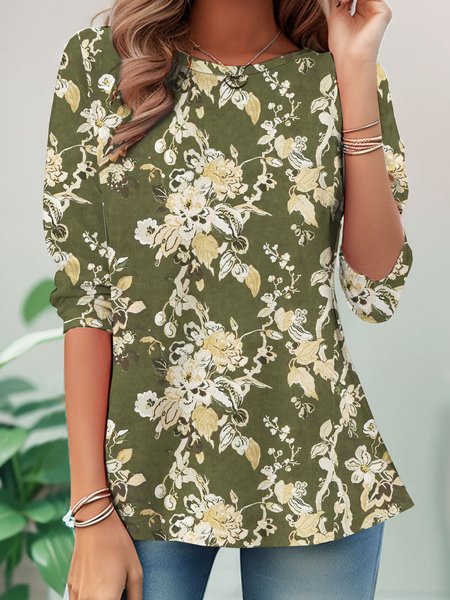 

Casual Floral Crew Neck Long Sleeve T-shirt, Green, T-shirts