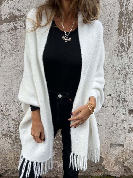 

Women's Plain Tassel Heavyweight Loose Teddy Jacket, White, Outerwear