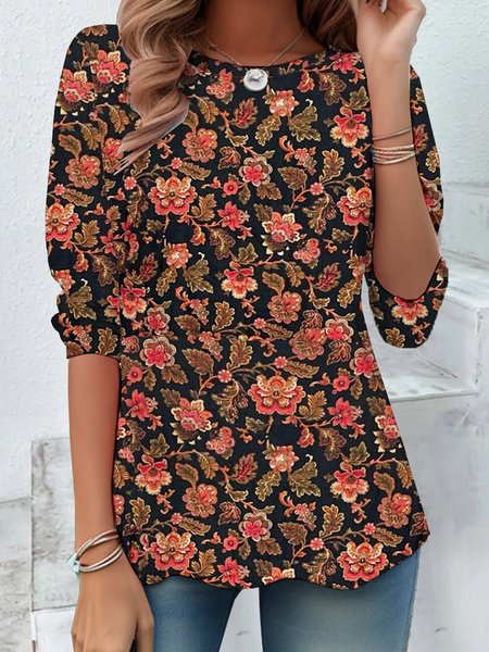 

Casual Floral Crew Neck Long Sleeve T-shirt, Black, T-shirts