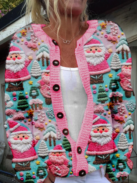 3D Printing Casual Knitted Santa Claus Cardigan, Pink, Cardigans
