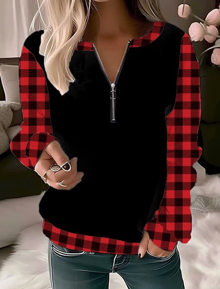 Casual Crew Neck Plaid Sweatshirt Zipper, Reddish black, Hoodies & Sweatshirts