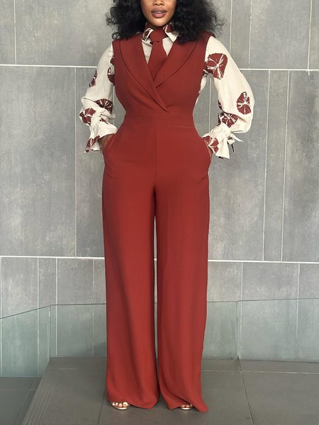 

Plain Urban Lapel Collar Sleeveless Jumpsuit With Tie（No With Shirt）, Coral, Jumpsuits