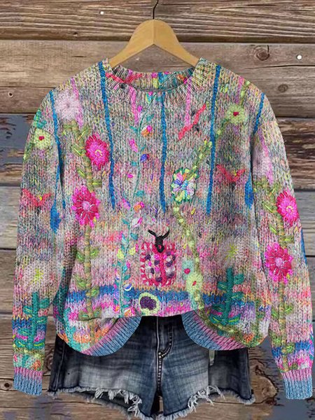 

Vintage floral art knitted sweater, Blue, Sweaters