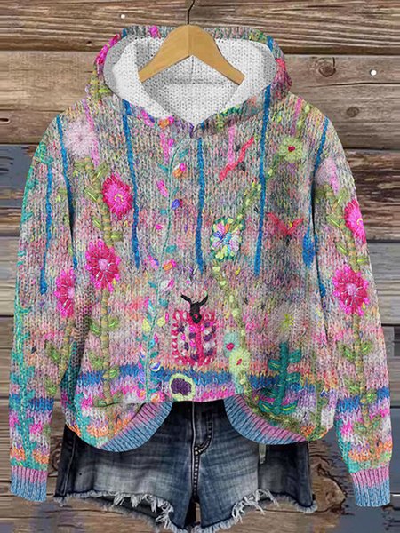 

Vintage floral art knitted hooded sweater, Blue, Sweaters