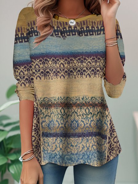 

Vintage Ethnic Crew Neck Long Sleeve T-shirt, Khaki, T-shirts