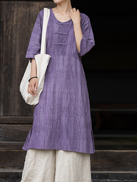 

Linen Crew Neck Loose Blouse, Purple, Short/3/4 Length Sleeve