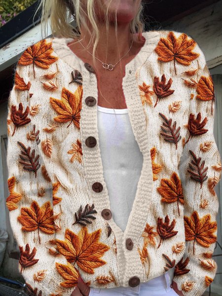 

Women Maple Leaf Long Sleeve Comfy Casual Buckle Cardigan, Orange, Cardigans
