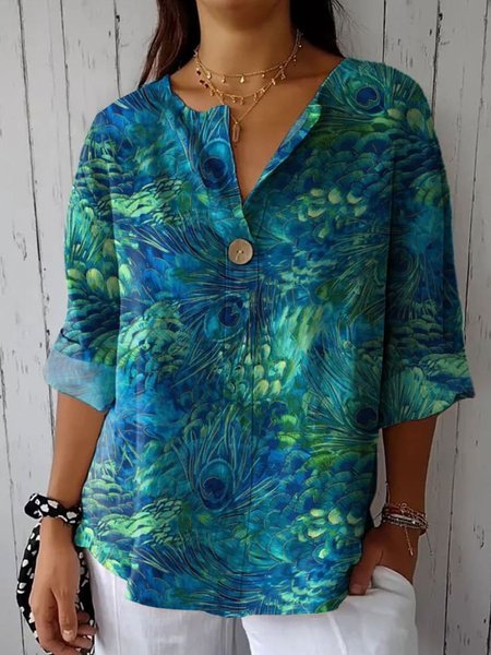 

Notched Long Sleeve Feather Buckle Regular Loose Blouse For Women, Blue, Blouses