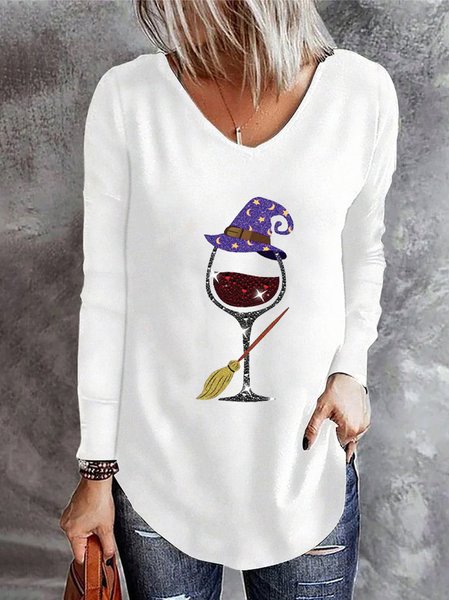 

Casual Halloween V Neck Long Sleeve T-shirt, White, T-shirts