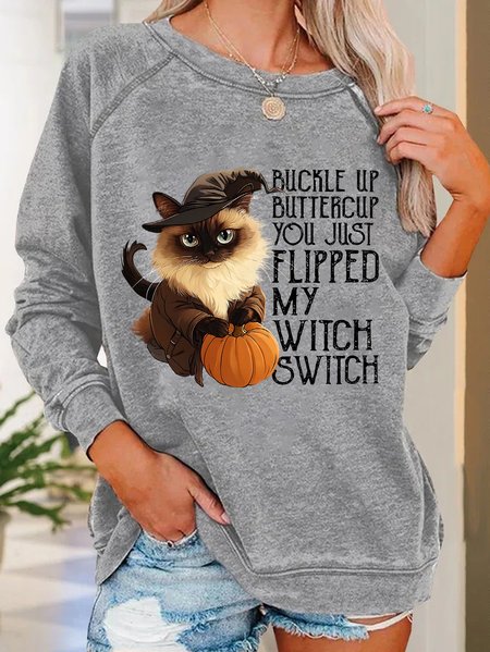 

Women's Halloween Buckle Up Buttercup You Just Flipped My Witch Switch Print witch pumpkin Cat Casual Sweatshirt, Light gray, Hoodies&Sweatshirts