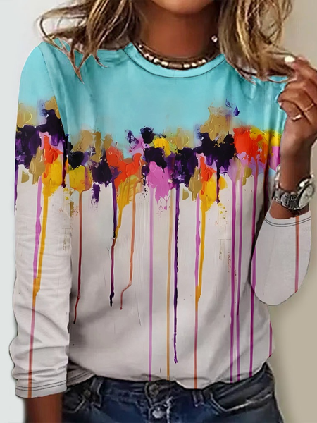 

Casual Floral Crew Neck Long Sleeve T-shirt, Blue, T-shirts