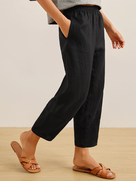 

Plain Loose Linen Linen Pants, Black, Pants