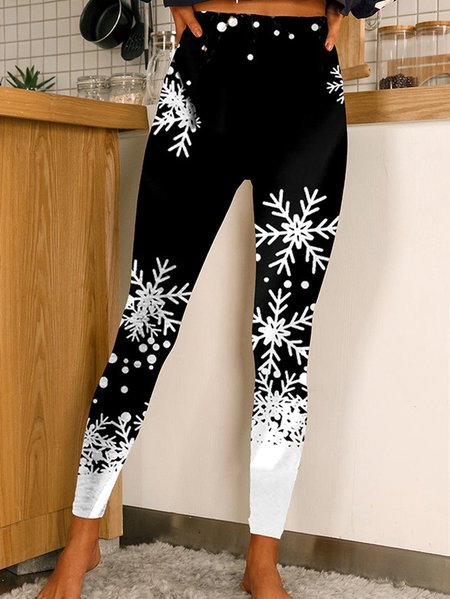 

Casual Snowflake Long Leggings, Black, Pants