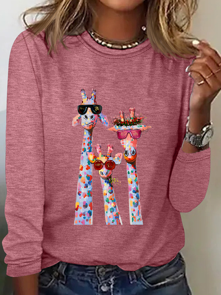 

Women's Oil Painting Funny Giraffe Print Casual Long Sleeve Shirt, Watermelon, Long sleeves