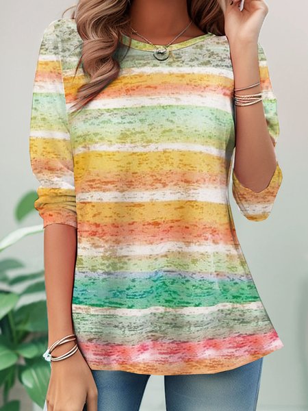 

Casual Striped Crew Neck Long Sleeve T-shirt, Multicolor, T-shirts