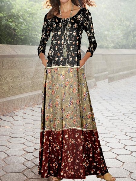 

Women Floral Shawl Collar Long Sleeve Comfy Casual Maxi Dress, Multicolor, Dresses