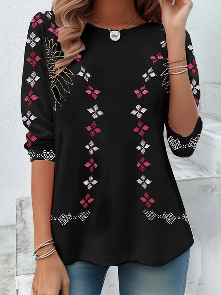 

Vintage Ethnic Geometry Crew Neck Long Sleeve T-shirt, Black, T-shirts