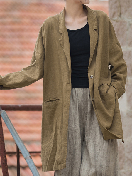 

Linen Loose Lapel Collar Cotton And Linen Blazer, Yellow, Outerwear