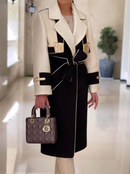 

Urban Loose Regular Sleeve Color Block Coat With Belt, Black-white, Coats