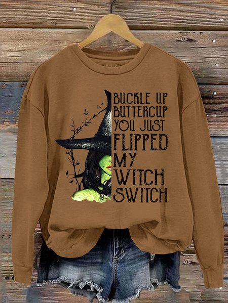

Women's Halloween Buckle Up Buttercup You Just Flipped My Witch Switch Print Casual Sweatshirt, Yellow brown, Hoodies&Sweatshirts
