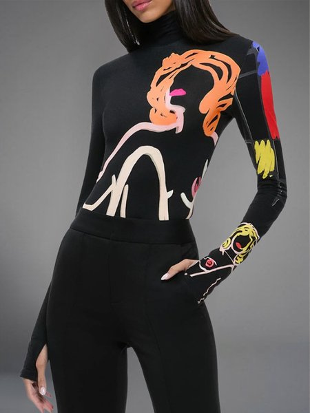 

Abstract Casual Long Sleeve Turtleneck T-Shirt, Black, Tees