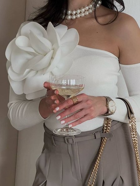 

Regular Sleeve Asymmetrical Tight Elegant Plain T-Shirt, White, Tees