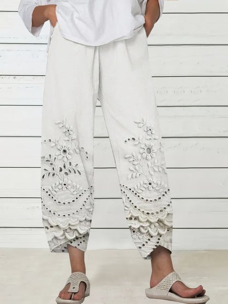 

Women Floral Long Elastic Waist Pant Casual Spring/Fall Trousers, White, Pants