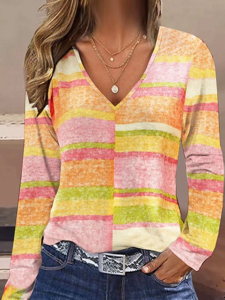 

Casual Striped V Neck Long Sleeve T-shirt, Multicolor, T-shirts